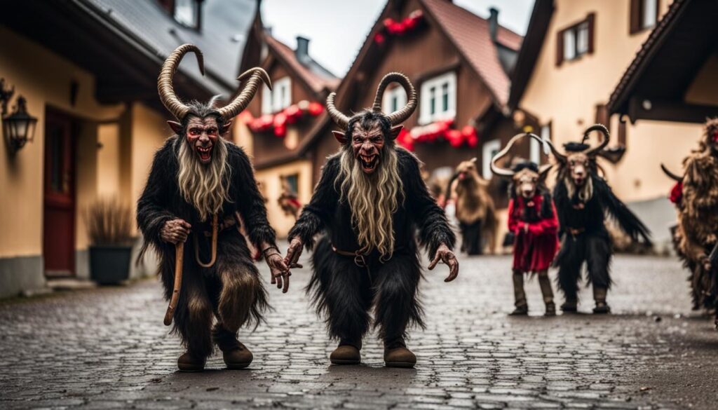 Group of several German Krampus on cobblestone streets in a German village