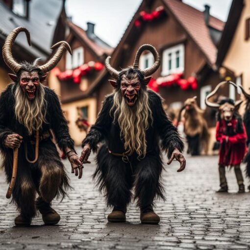 Group of several German Krampus on cobblestone streets in a German village