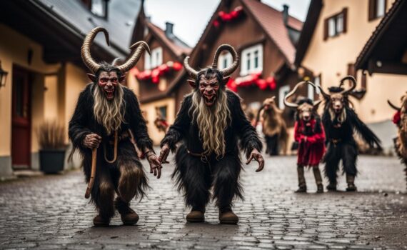 Group of several German Krampus on cobblestone streets in a German village
