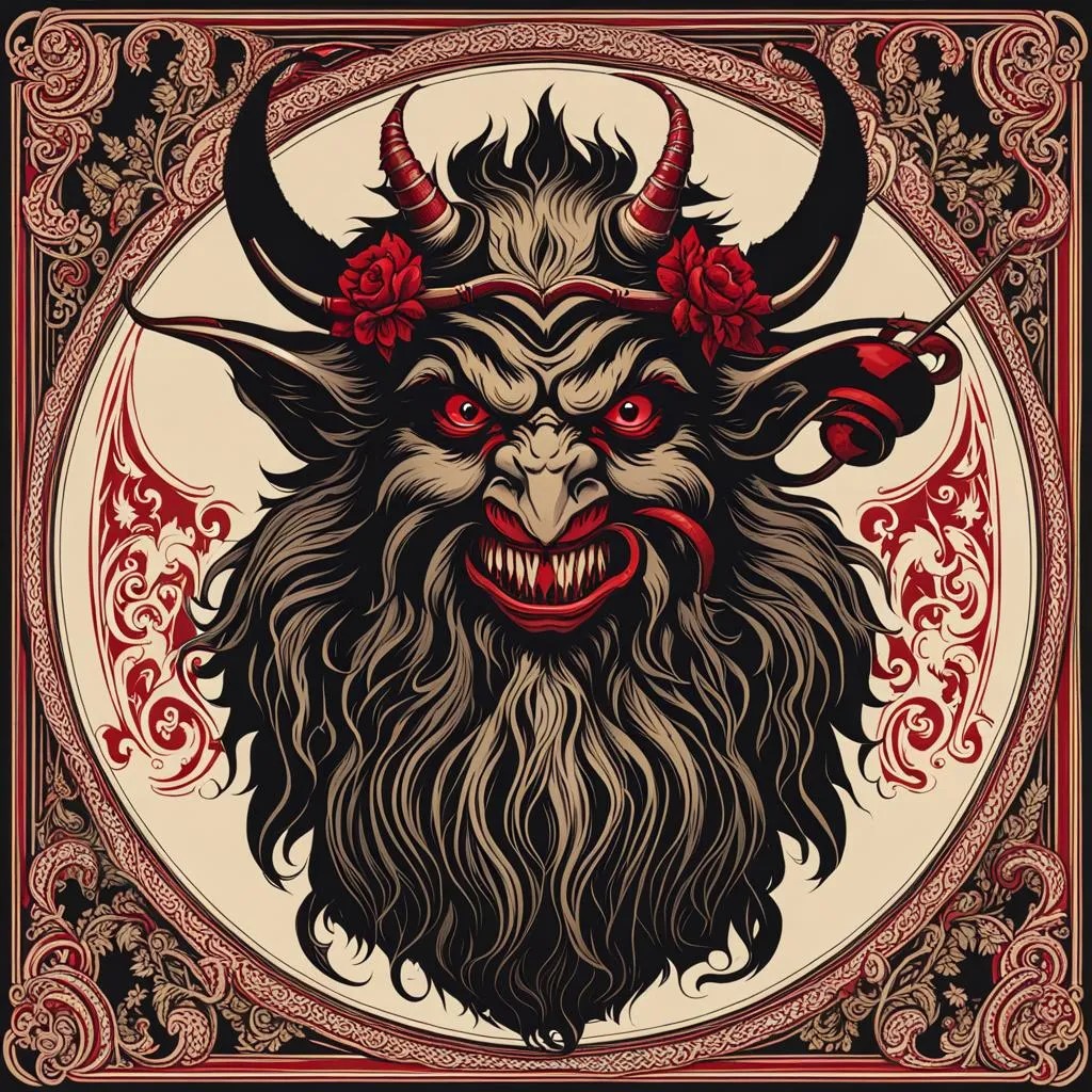 Krampus Art with a devil looking goat head with a huge wild beard and fangs