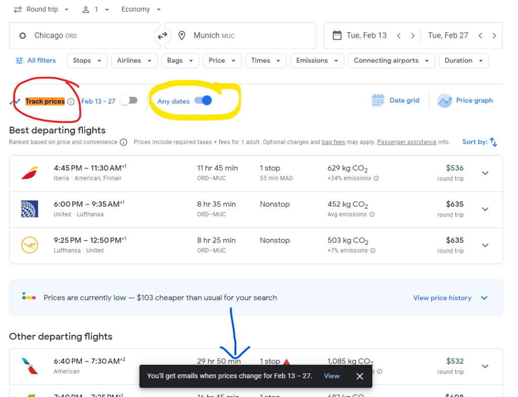 Google Flights Track Pricing button and email alert notification