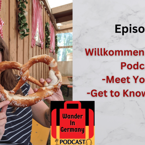 LeAnna Brown, host of the Wander In Germany Travel Podcast holding up a pretzel with the words next to it Episode 1 Wilkommen to the WIG Podcast. Meet your host and Get to Know the Show